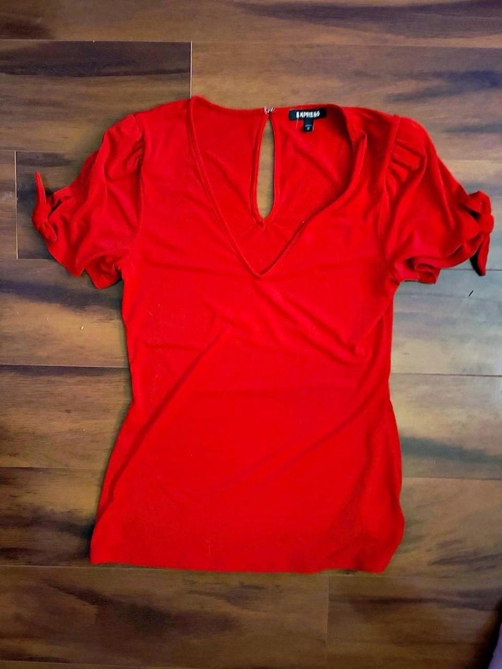 Express Red V-Neck Short Sleeve Knot Detail Top